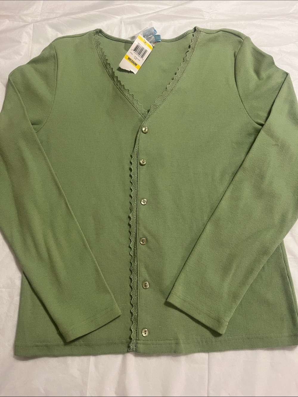 Jennifer Moore Sage Green Ribbed Button-Front V-Neck  cotton Cardigan